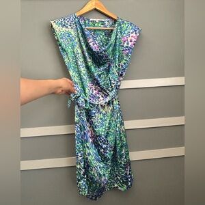 Collective Concepts Cowl Neck Printed Midi Dress in Green, Blue & Purple